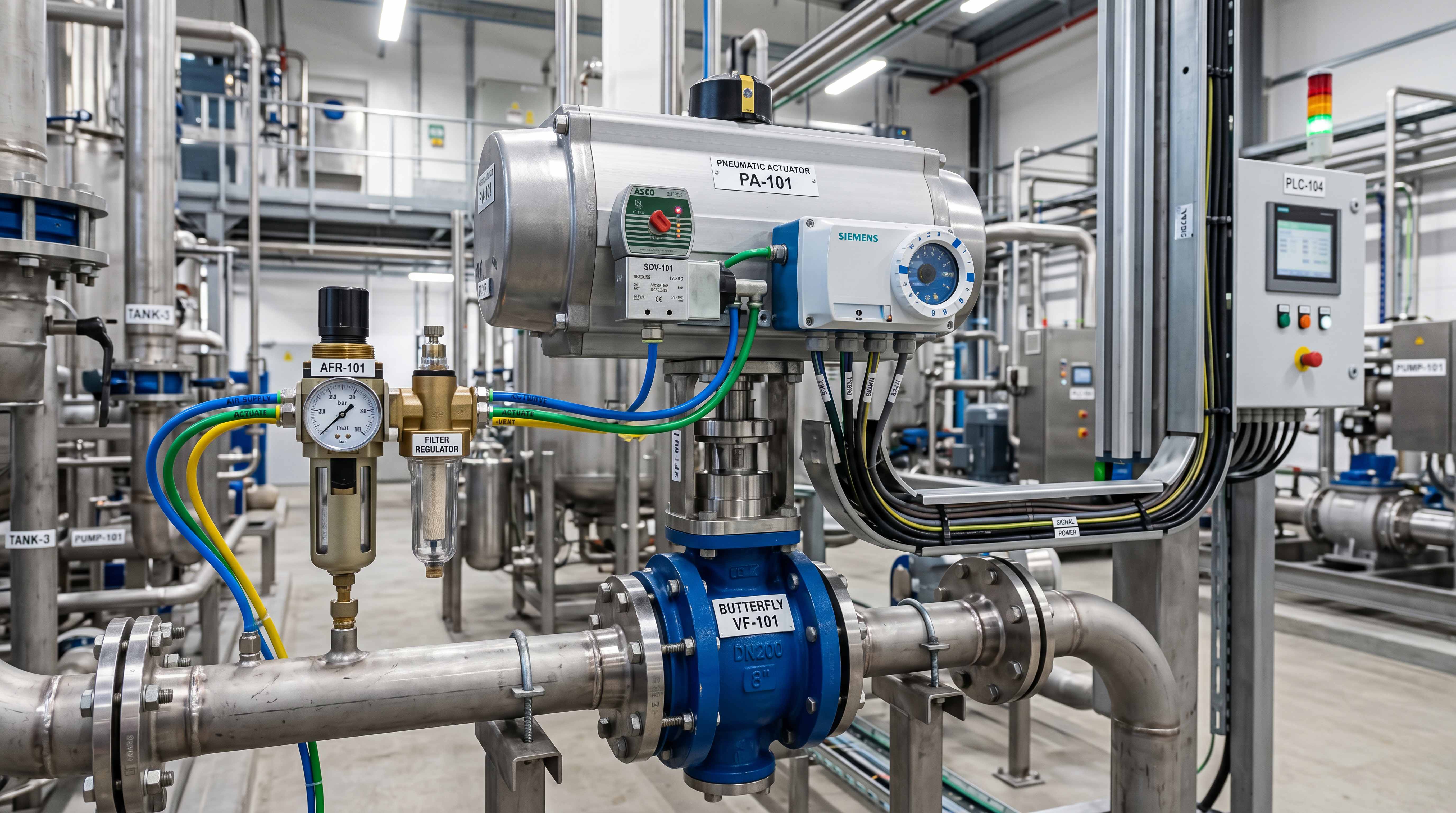 Pneumatic valve automation package with actuator, air filter regulator, tubing and PLC control panel in an industrial plant
